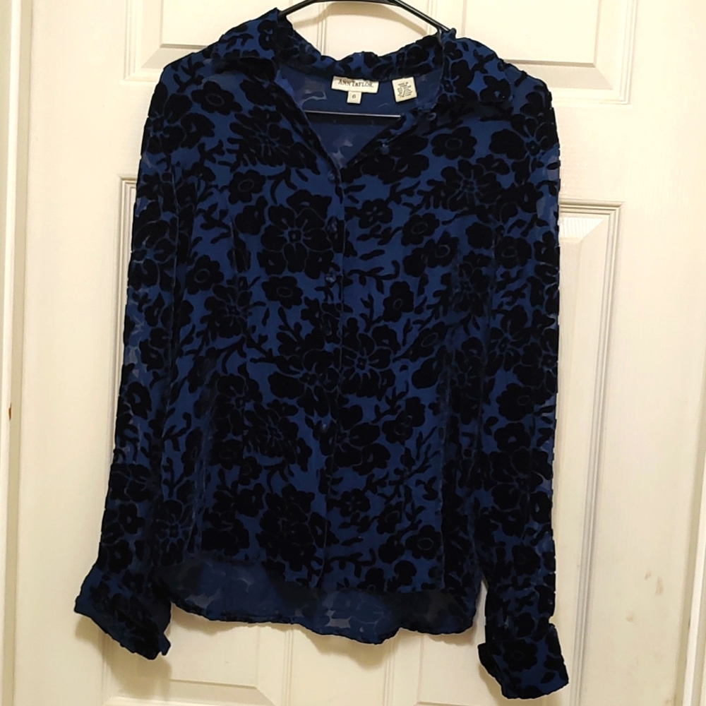 Ann Taylor Velour & Sheer Floral Design, Blue Long Sleeve Blouse